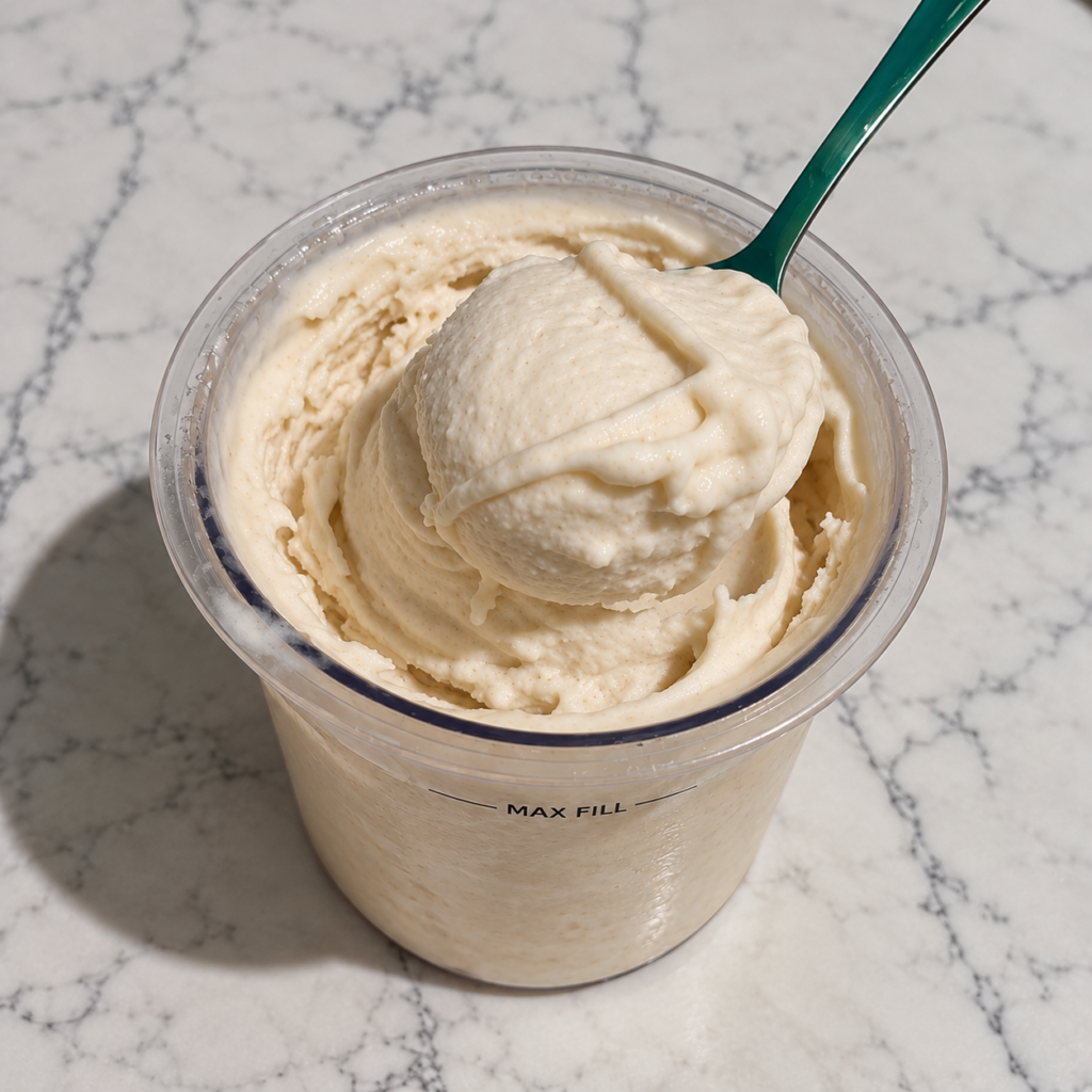 Green spoon lifting a thick, creamy scoop of Banana Ninja Creami without protein powder from the pint.