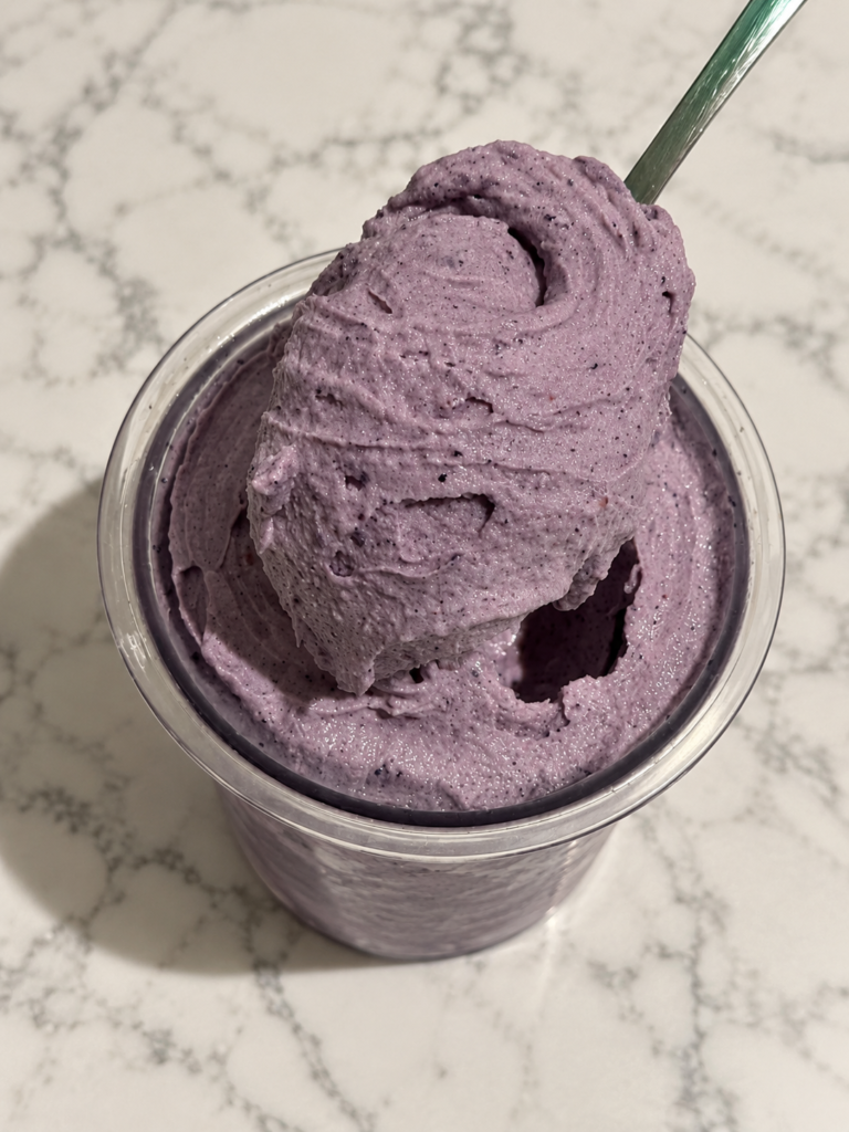 Spoonful of Blueberry Cheesecake Ninja Creami made without protein powder