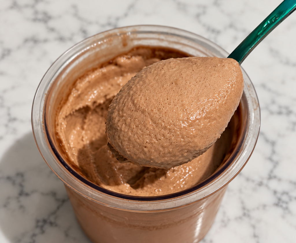 Green spoon lifting a thick, creamy scoop of High-Protein Chocolate Pudding Ninja Creami from a clear pint