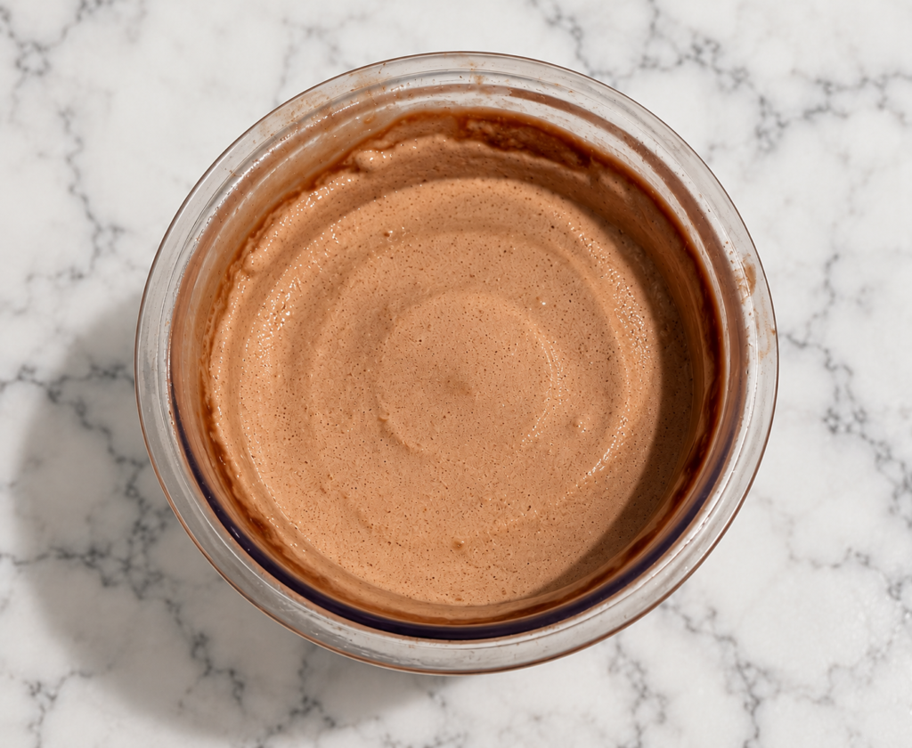 Overhead view of smooth chocolate pudding Ninja Creami ice cream in a clear pint container on a marble countertop