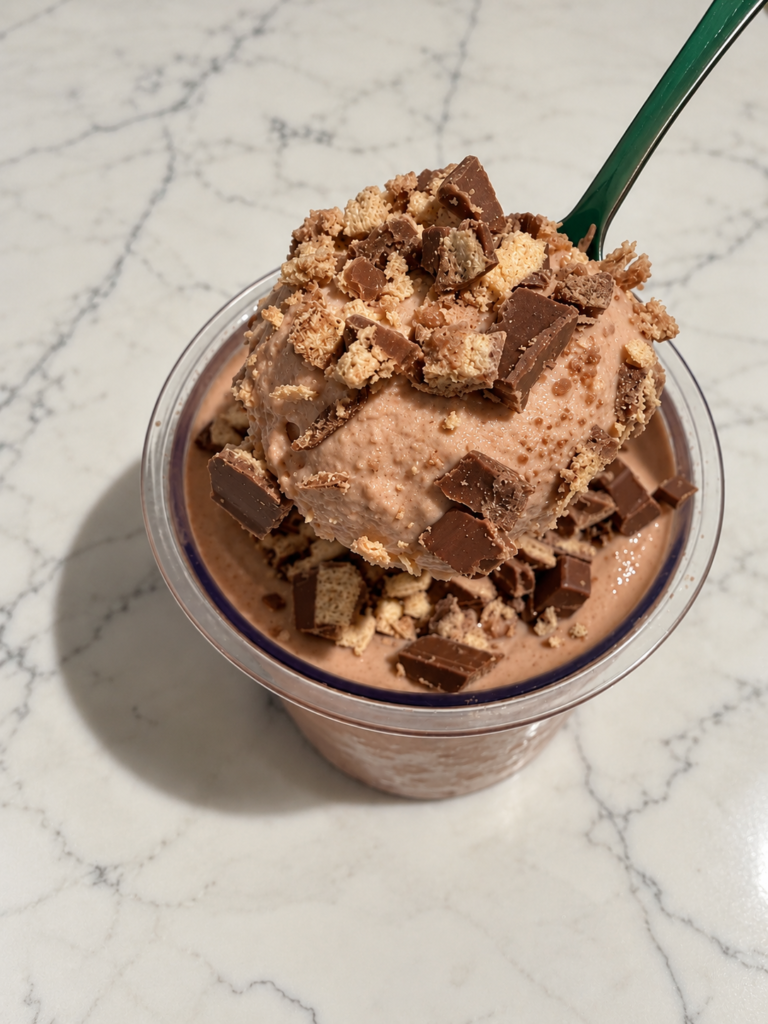Green spoon lifting a scoop of High-Protein Kit Kat Chocolate Ninja Creami with chocolate ice cream and crunchy Kit Kat pieces.