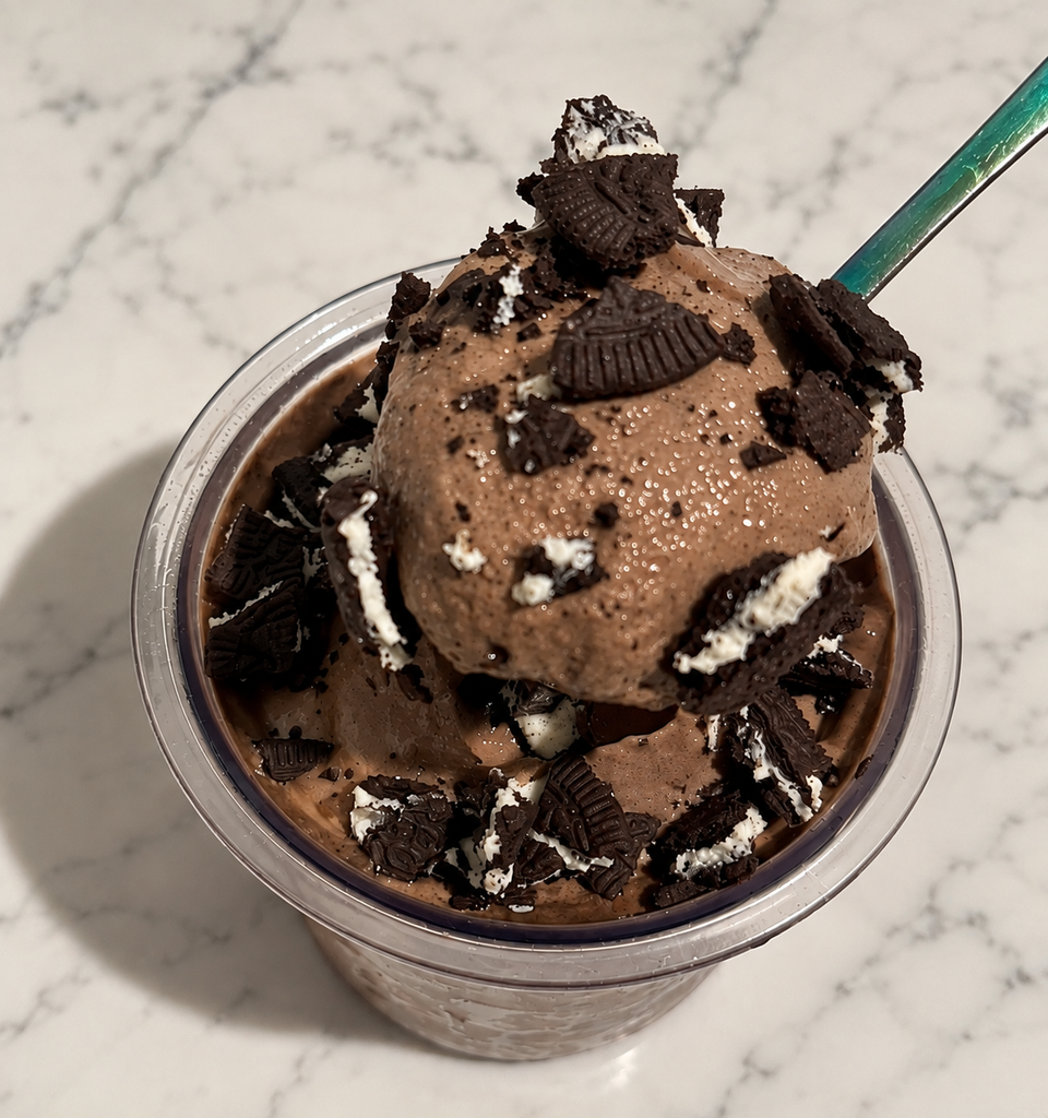 Spoonful of creamy chocolate-cookie Ninja Creami ice cream with crushed Oreo Thins above the finished pint