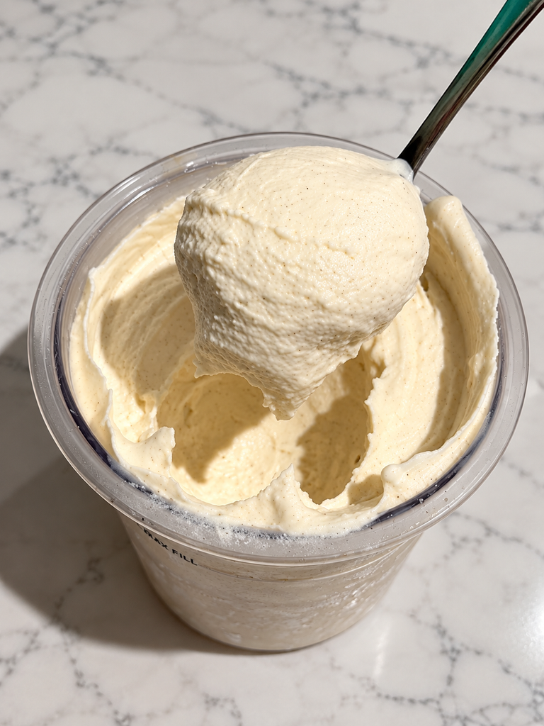Spoonful of High-Protein Peanut Butter Ninja Creami showing creamy texture
