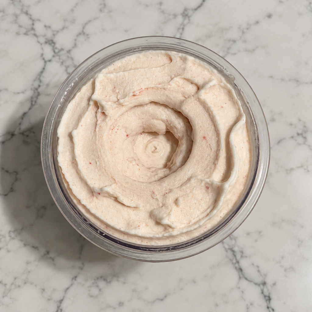 Top-down view of creamy strawberry cheesecake Ninja Creami ice cream in a pint.