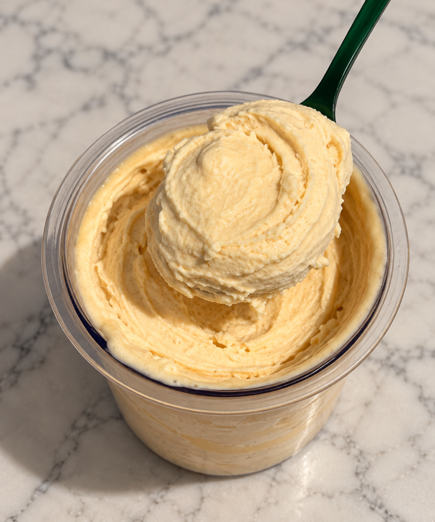 Green spoon lifting a thick, creamy scoop of butterscotch Ninja Creami ice cream above the pint.