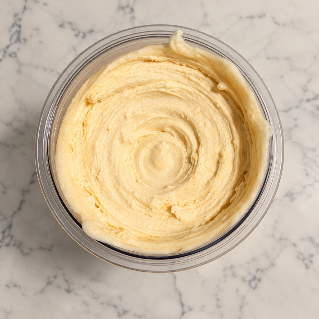 Overhead view of creamy butterscotch Ninja Creami ice cream with a smooth, swirled texture.