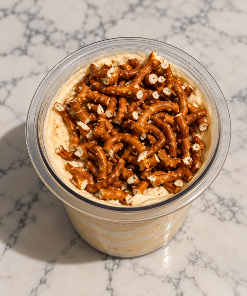 Creamy butterscotch Ninja Creami ice cream topped with 20 grams of crushed Rold Gold Tiny Twists pretzels in a clear pint container.