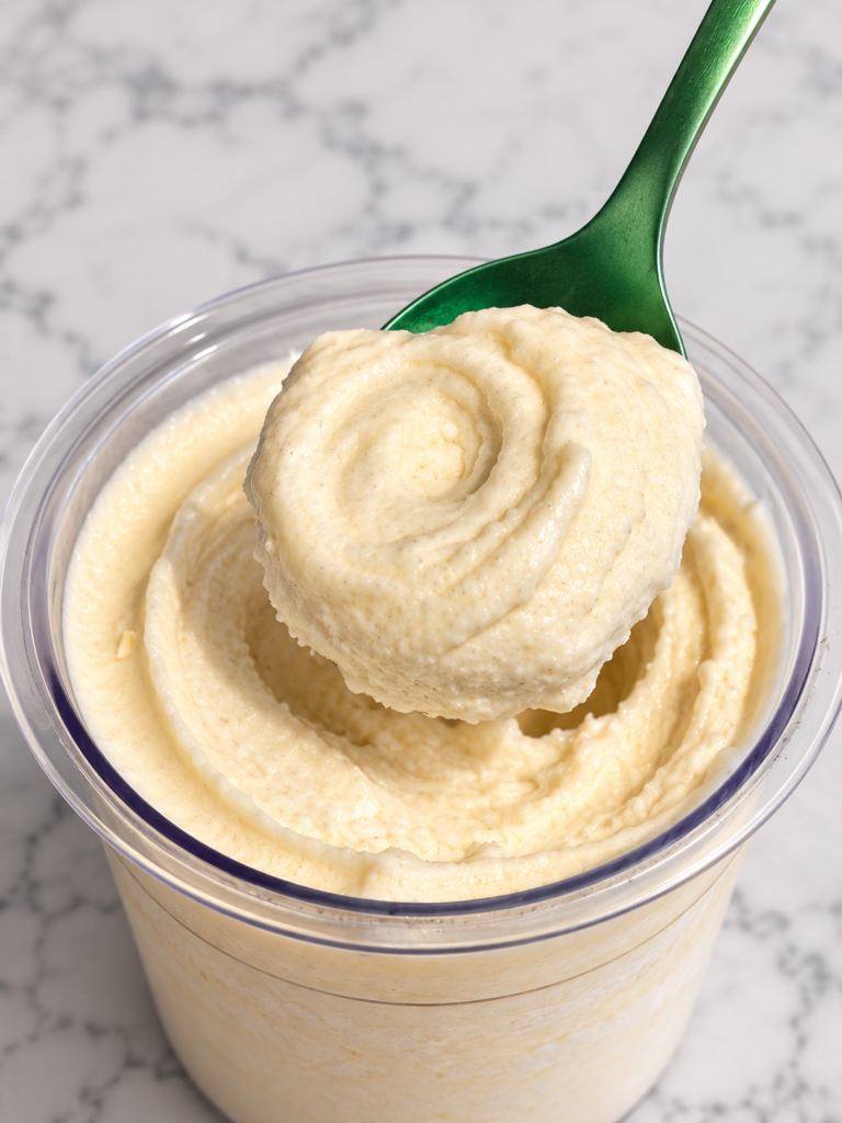 Green spoon lifting a creamy scoop of Caramel Macchiato Ninja Creami without protein powder