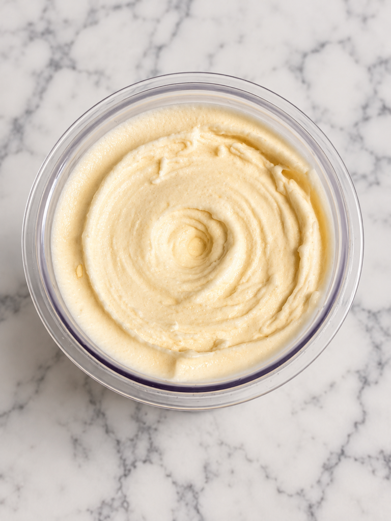 Top-down view of creamy Caramel Macchiato Ninja Creami without protein powder