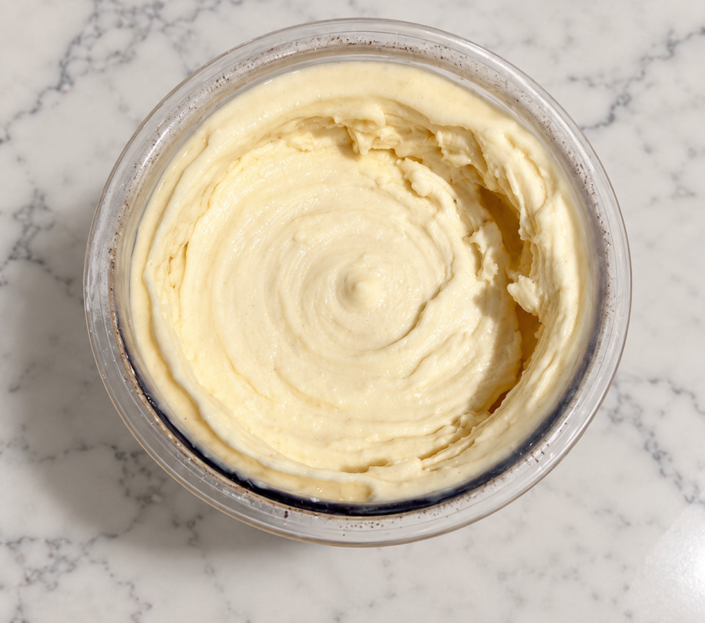 Overhead view of creamy high-protein strawberry shortcake Ninja Creami