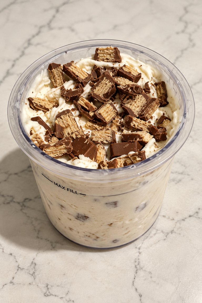 Kit Kat McFlurry Ninja Creami topped with chopped chocolate-covered wafer pieces