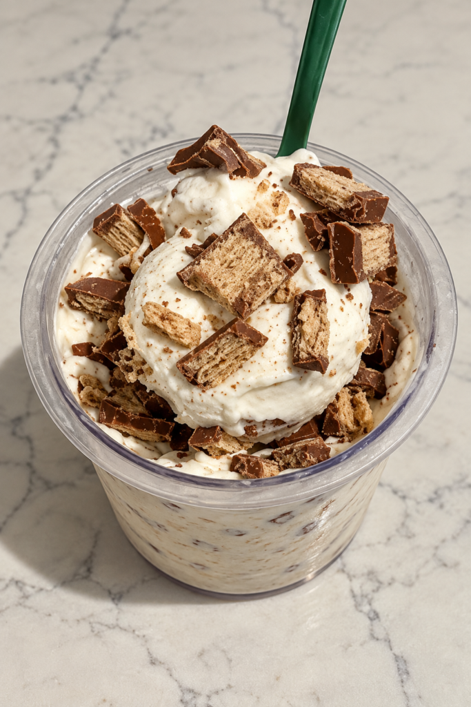 Green spoon lifting creamy Kit Kat McFlurry Ninja Creami with chocolate wafer pieces