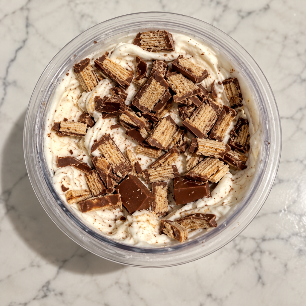 Overhead view of Kit Kat McFlurry Ninja Creami with chopped Kit Kat wafer pieces