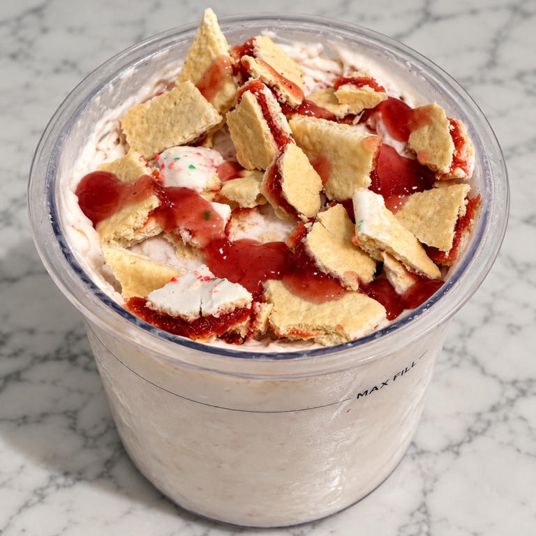 Strawberry Pop-Tart Ninja Creami topped with Frosted Strawberry Pop-Tart pieces and strawberry spread