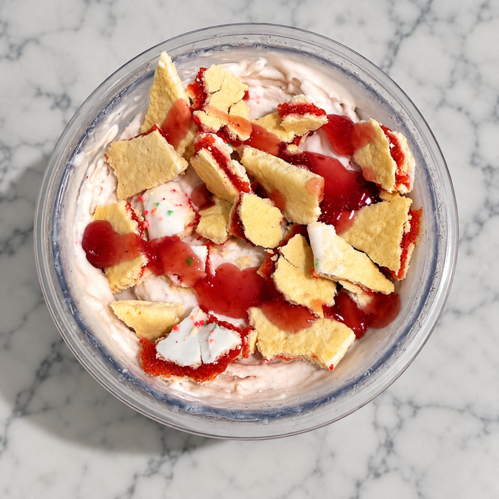 Top-down view of Strawberry Pop-Tart Ninja Creami with crumbled pastry and strawberry spread